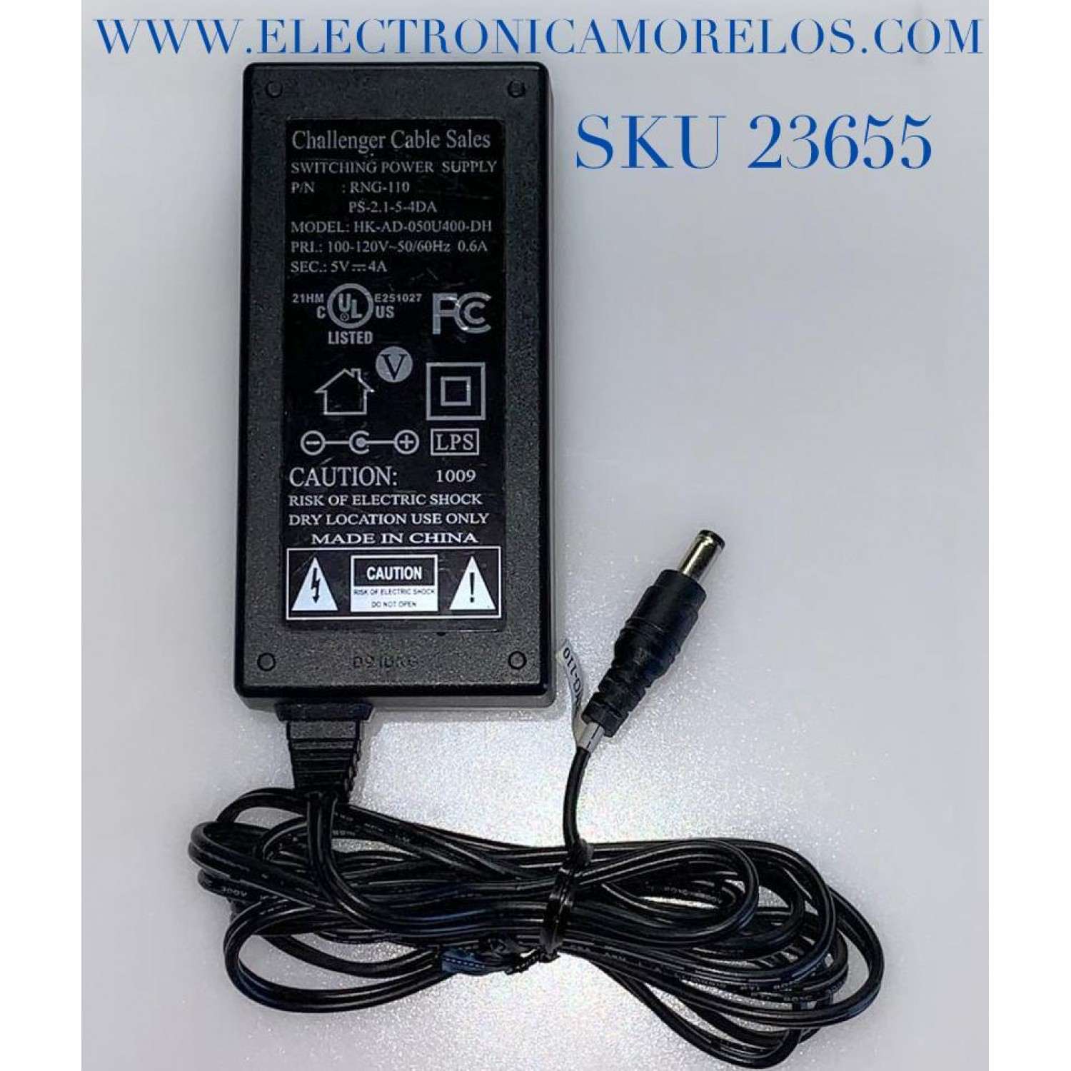 ADAPTADOR CHALLENGER VCA  PS-2.1-5-4DA / NUMERO DE PARTE RNG-110 / PS-2.1-5-4DA / MODELO HK-AD-050U400-DH / ENTRADA VCA 100-120V～50-60Hz .6A / SALIDA VCD 5V-4A